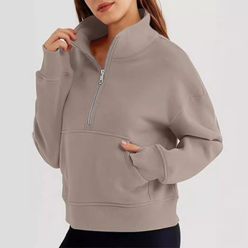 Damen lässiger Pullover mit hohem Kragen und kurzer Reißverschluss Heidi-Mode