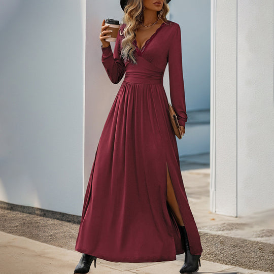 Damen Maxikleid mit tiefem V-Ausschnitt und eleganter Raffung Heidi-Mode