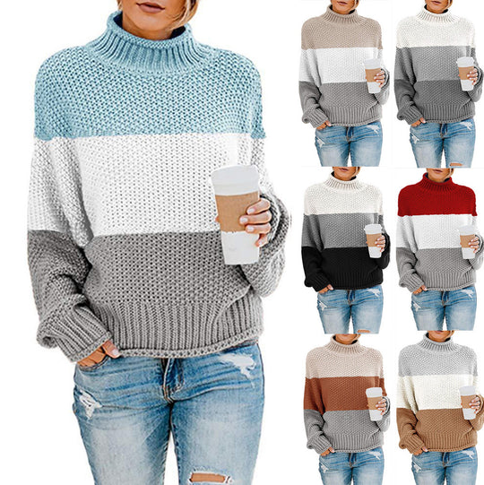 Damen Grobstrickpullover mit hohem Kragen und modischem Farbblockdesign Heidi-Mode