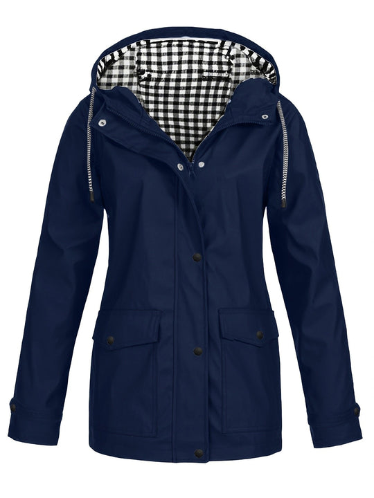 Damen modische Regenjacke mit kontrastierendem Innenfutter und praktischen Taschen Heidi-Mode