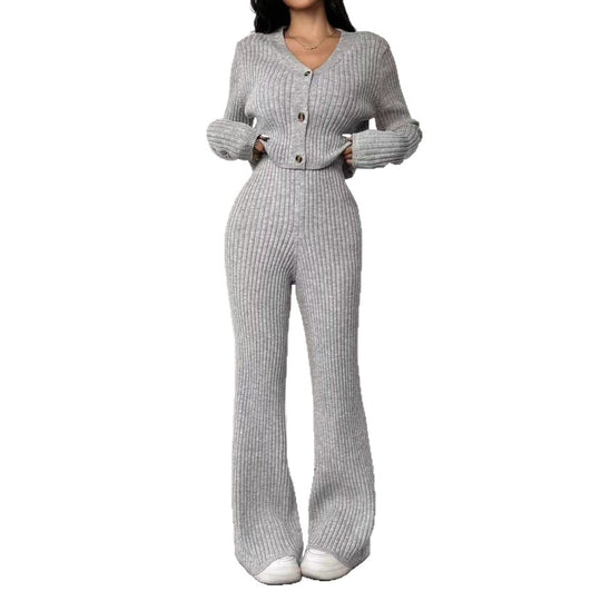 Damen Strick-Ensemble mit V-Ausschnitt und weitem Bein Heidi-Mode