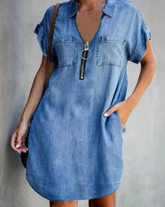 Damen Chambray Kleid mit Reißverschluss und praktischen Taschen Heidi-Mode