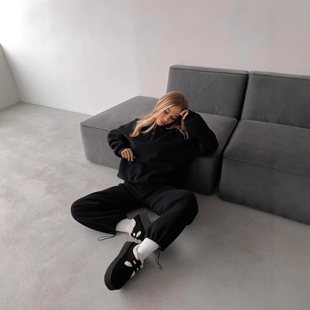 Damen lässiges Sweatshirt- und weite Jogginghose-Set mit modernem Kragen Heidi-Mode