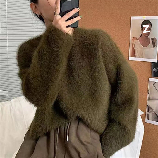 Damen Flauschiger Pullover mit lässigem Schnitt und hohem Rundhalsausschnitt Heidi-Mode