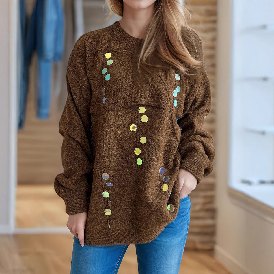 Damen lässiger Pullover mit dekorativen Pailletten und strukturiertem Maschenmuster Heidi-Mode