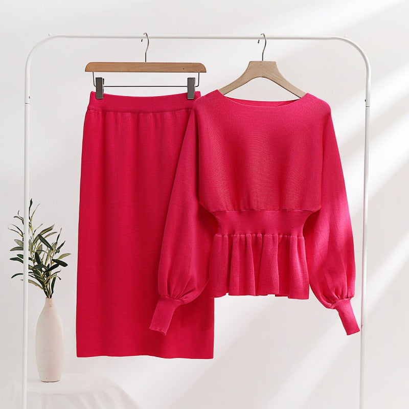 Damen elegantes Strickensemble mit Raffung und Ballonärmeln Heidi-Mode