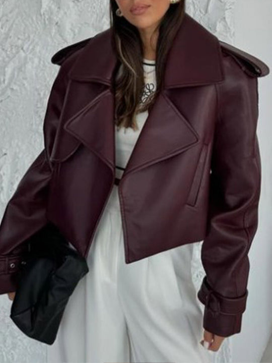 Damen modische Kunstlederjacke mit oversized Schnitt und breitem Kragen Heidi-Mode