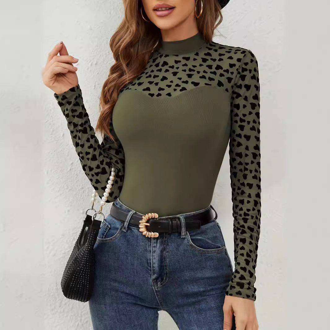 Damen Gemusterter Langarmbody mit hohem Kragen Heidi-Mode