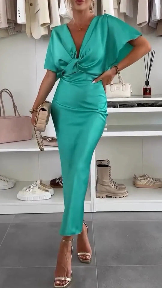 Damen Knielanges Satin-Kleid mit Kreuz-Design Heidi-Mode