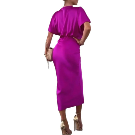 Damen Knielanges Satin-Kleid mit Kreuz-Design Heidi-Mode