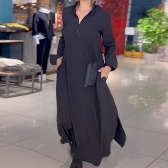 Damen Maxikleid mit praktischen Seitentaschen und modernem Hemdblusenkragen Heidi-Mode