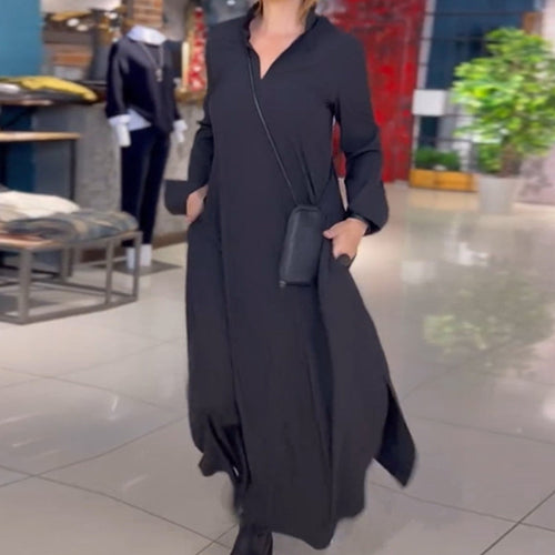 Damen Maxikleid mit praktischen Seitentaschen und modernem Hemdblusenkragen Heidi-Mode
