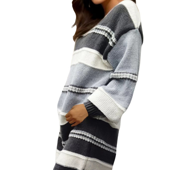 Damen Grobstrick-Kleid mit modischem Streifenmuster und weiten Ärmeln Heidi-Mode