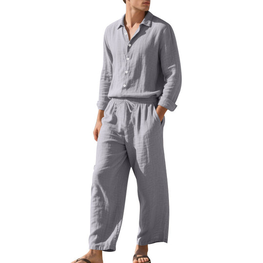 Herren Leinen-Loungeanzug mit elastischem Bund und praktischem Knopfdesign Heidi-Mode