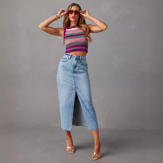 Damen Jeansrock mit modischem Schlitz und lässigem Schnitt Heidi-Mode