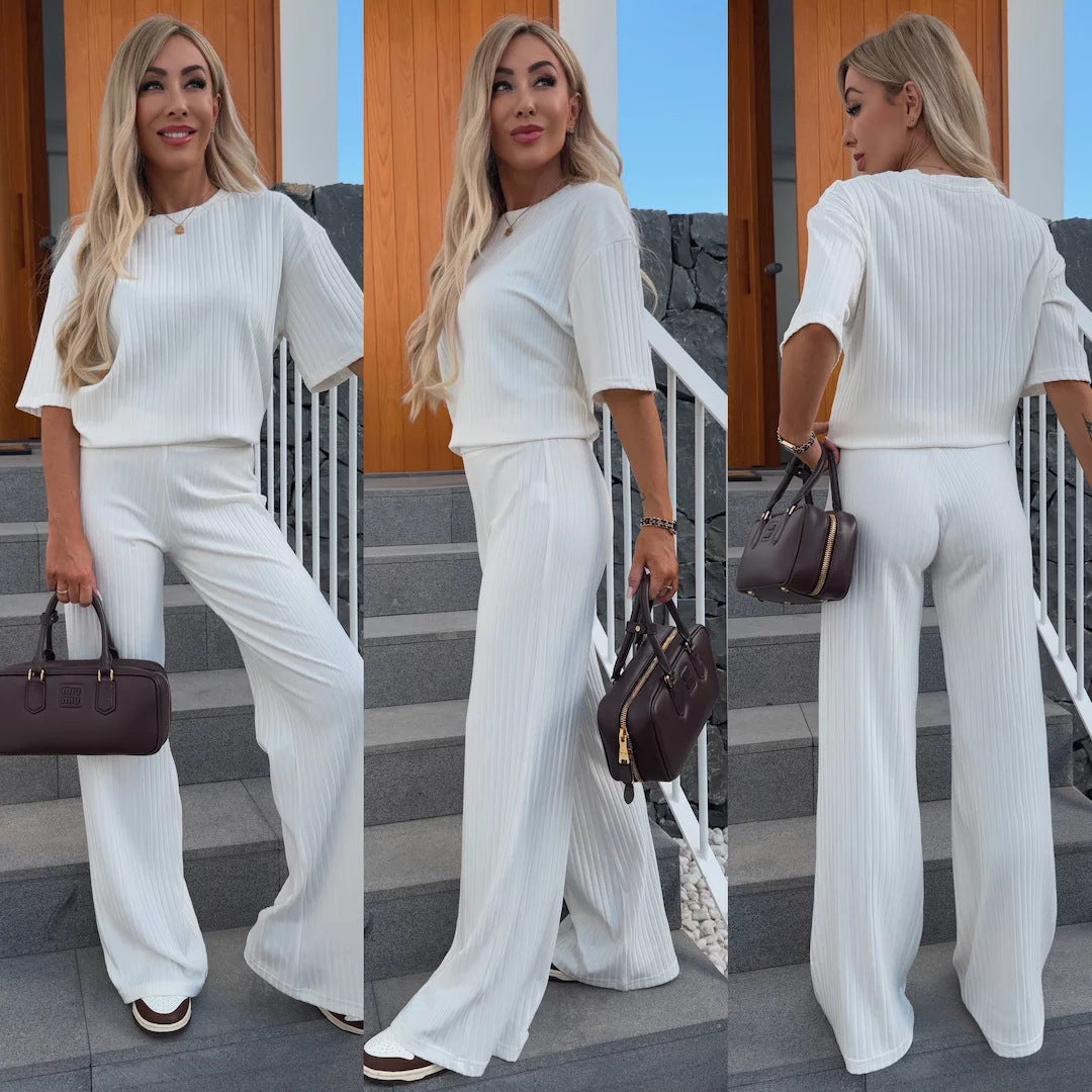 Damen Elegantes Loungewear-Set mit Rippstruktur und weitem Bein Heidi-Mode