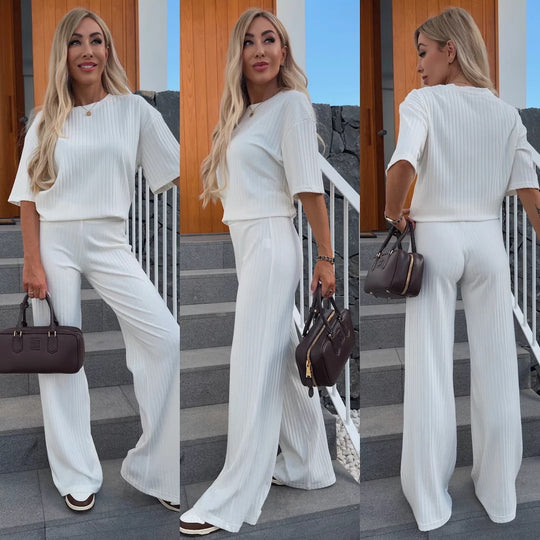 Damen Elegantes Loungewear-Set mit Rippstruktur und weitem Bein Heidi-Mode