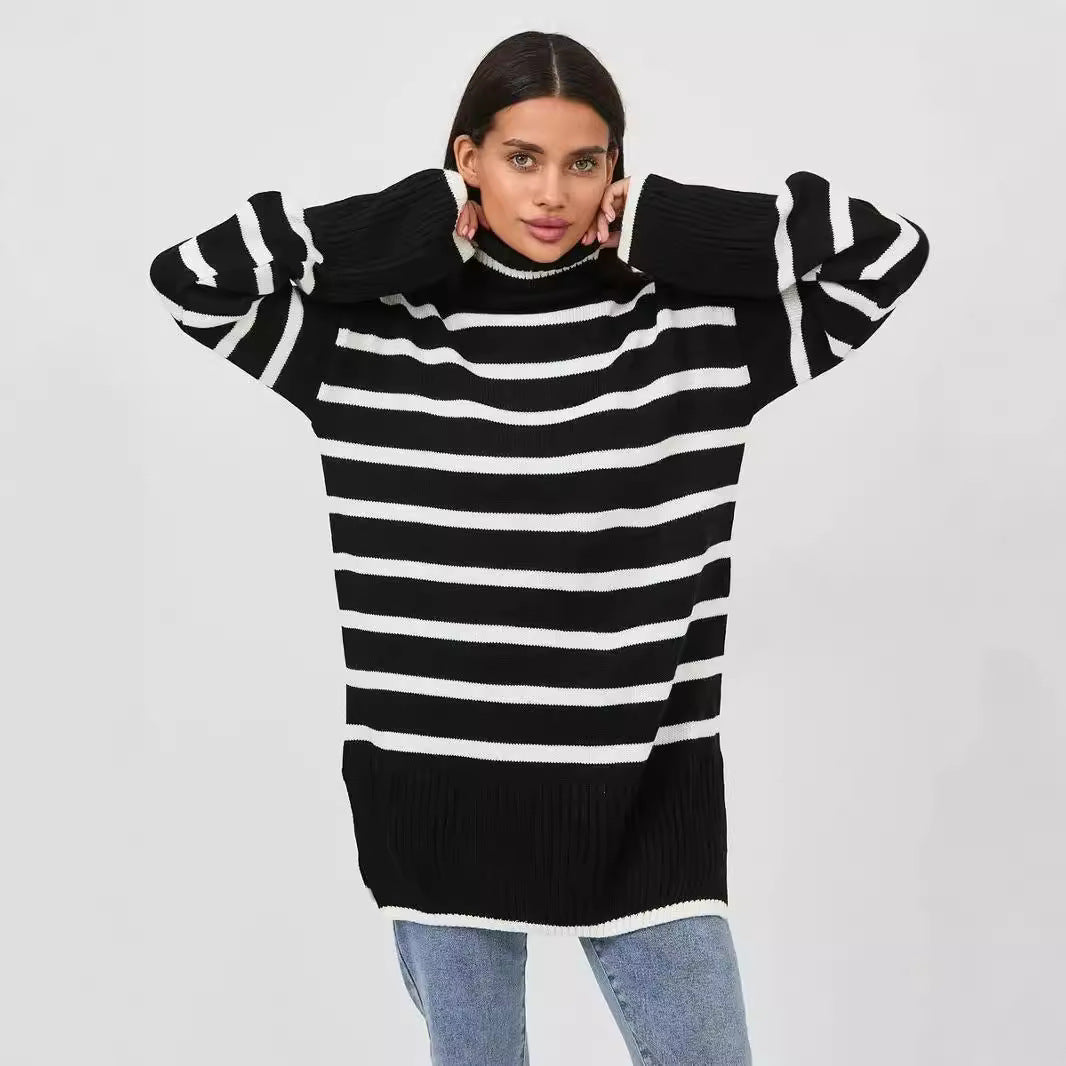 Damen gestrickter Rollkragenpullover mit modernem Streifenmuster und weitem Schnitt Heidi-Mode