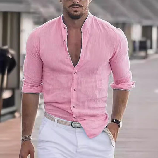 Herren lässiges Leinenhemd mit modernem Stehkragen und aufrollbaren Ärmeln Heidi-Mode