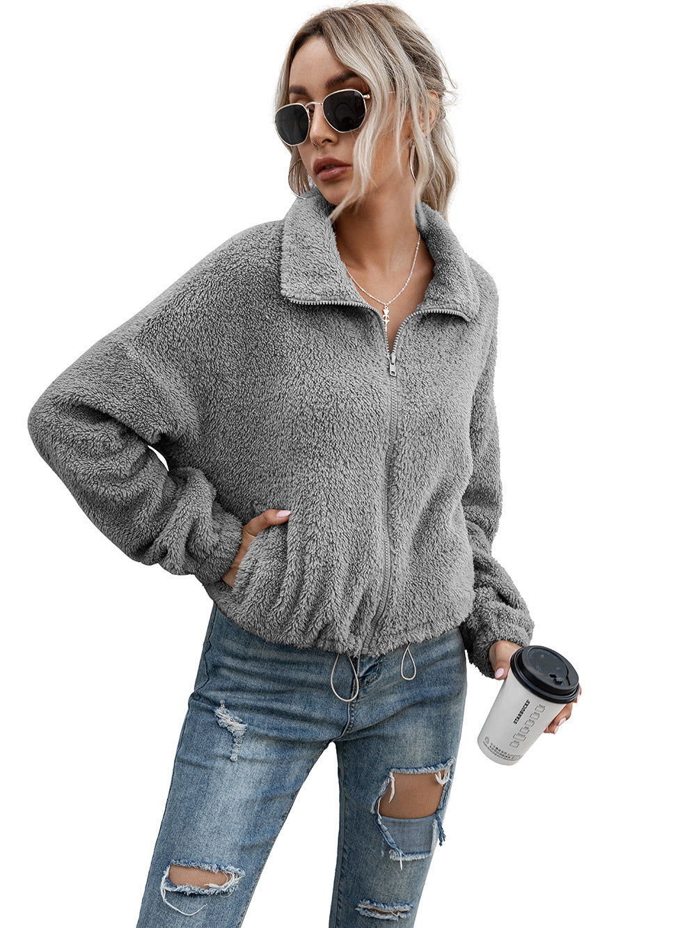 Damen Fleecejacke mit hohem Kragen und elastischem Bund Heidi-Mode