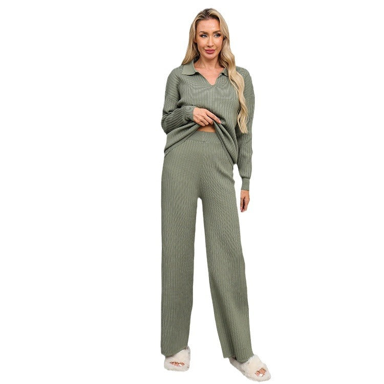Damen elegantes und bequemes Strick-Lounge-Set mit Polokragen Heidi-Mode