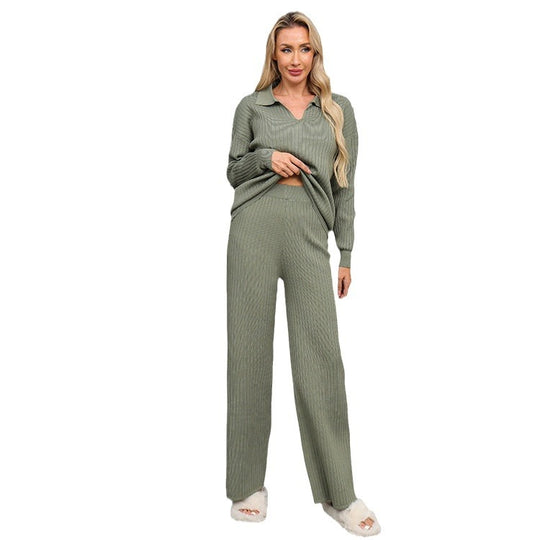 Damen elegantes und bequemes Strick-Lounge-Set mit Polokragen Heidi-Mode