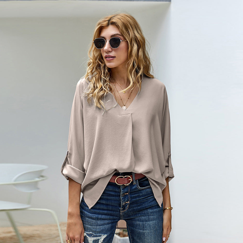 Damen Bluse mit V-Ausschnitt und lässigen langen Ärmeln Heidi-Mode
