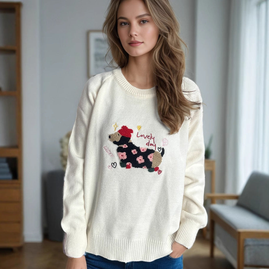Damen Pullover mit tierischem Motiv und dekorativen Stickereien Heidi-Mode