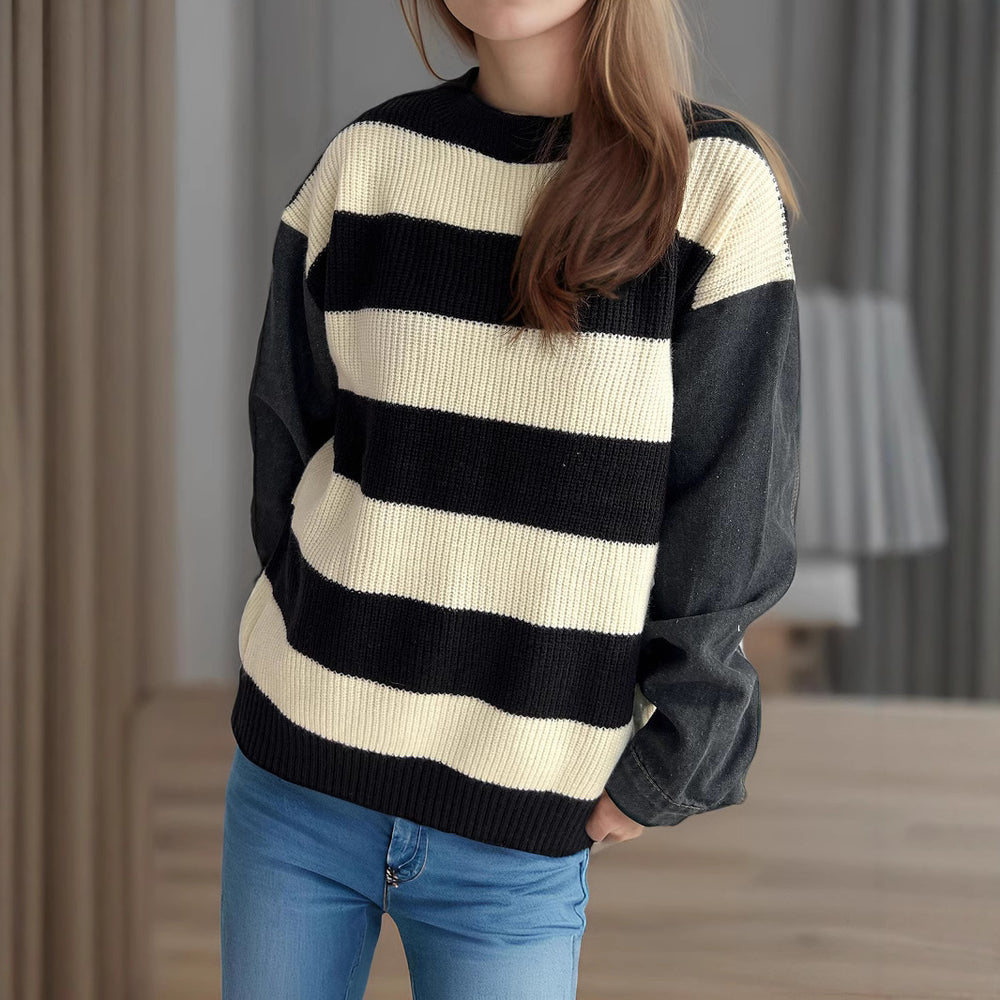 Damen lässiger Strickpullover mit auffälligem Blockstreifenmuster und weiten Ärmeln Heidi-Mode