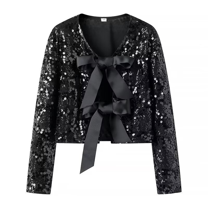 Damen elegante Lurex-Partyjacke mit Rüschen und schönen Schleifen Heidi-Mode