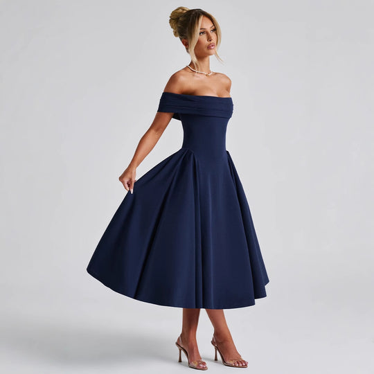 Damen Cocktailkleid mit schulterfreiem Design und voluminösem Rock Heidi-Mode