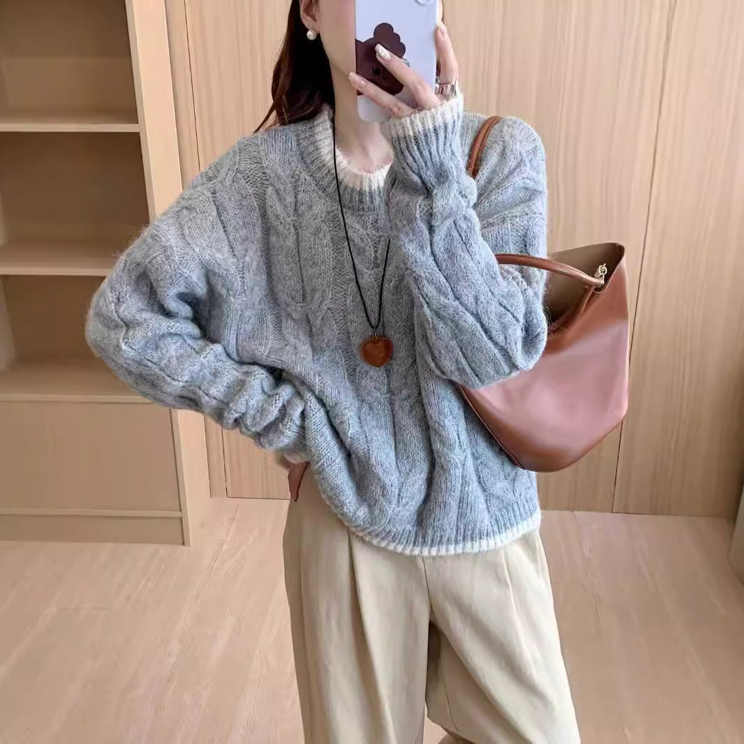 Damen Grob gestrickter Pullover mit Zopfmuster und Rundhalsausschnitt Heidi-Mode