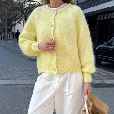 Damen Lockere Strickjacke mit Knopfleiste und weichem Faserdesign Heidi-Mode