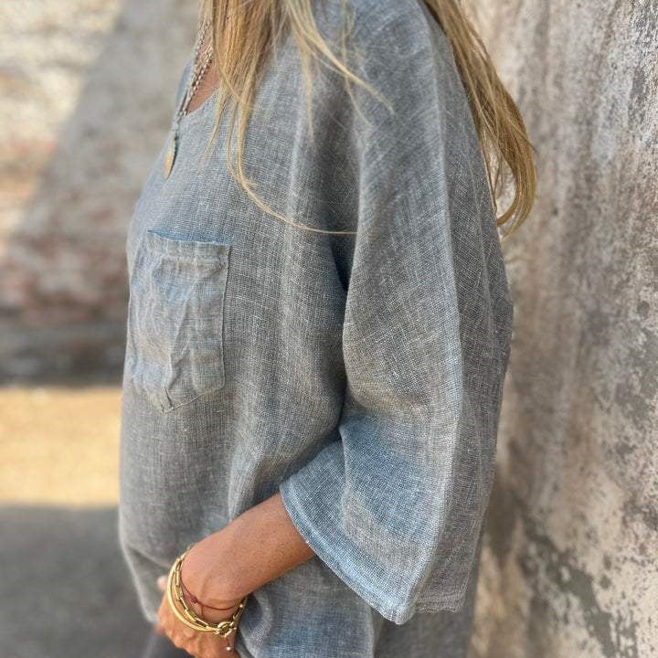 Damen lässiges Leinen-Oberteil mit lockerer Passform und Brusttasche Heidi-Mode
