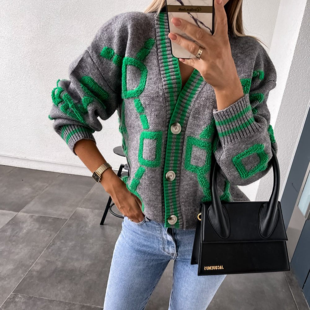 Damen lässiger Strickcardigan mit geometrischem Muster und Knopfverschluss Heidi-Mode