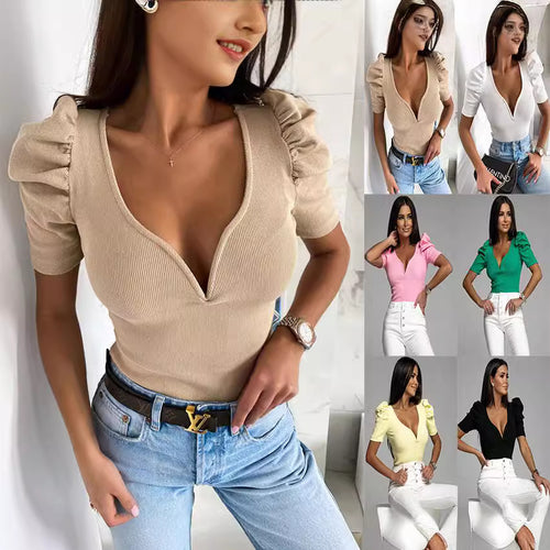 Damen Figurbetontes Oberteil mit V-Ausschnitt und Puffärmeln Heidi-Mode