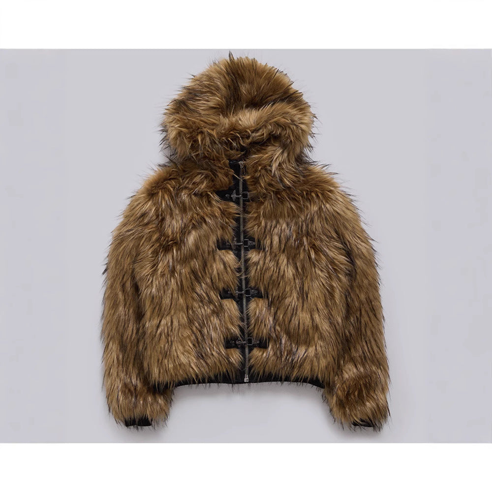 Damen Gemusterte und weiche Kunstfelljacke mit Kapuze Heidi-Mode