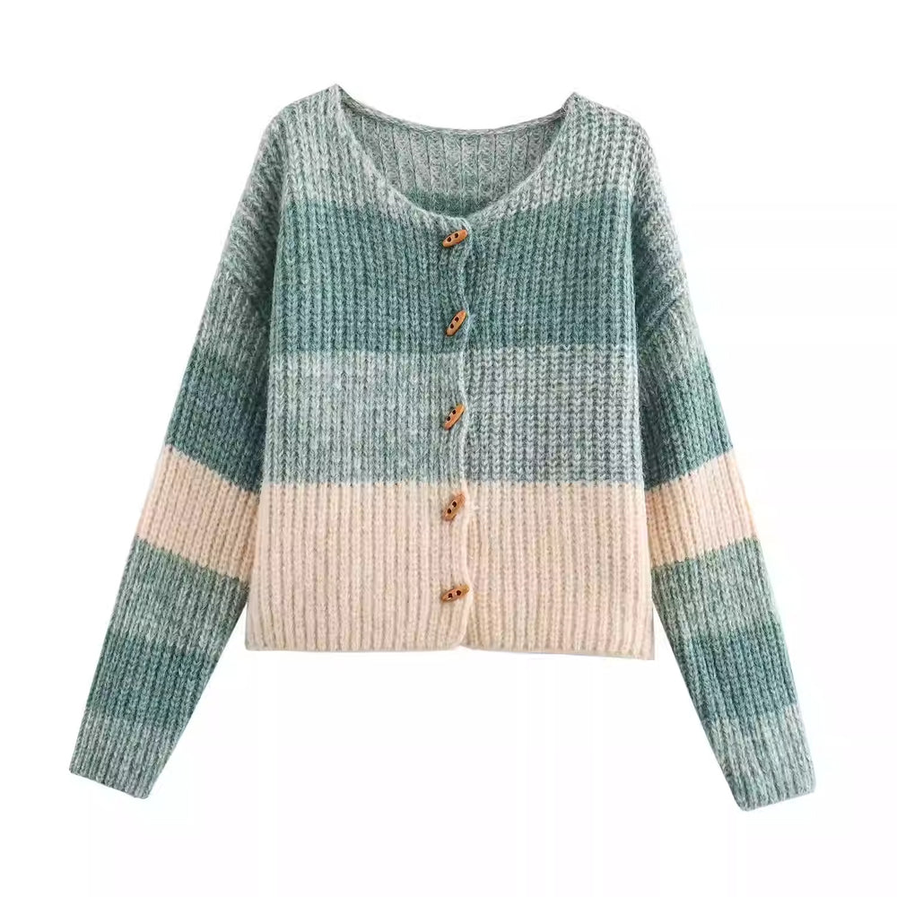 Damen Strickjacke mit elastischem Rippdesign und Holzknöpfen Heidi-Mode