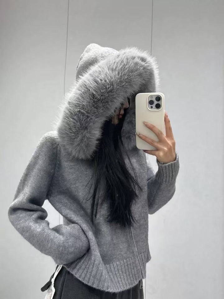 Damen kuschelige Strickjacke mit luxuriösem Pelzkragen und Reißverschluss Heidi-Mode