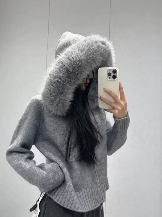 Damen kuschelige Strickjacke mit luxuriösem Pelzkragen und Reißverschluss Heidi-Mode