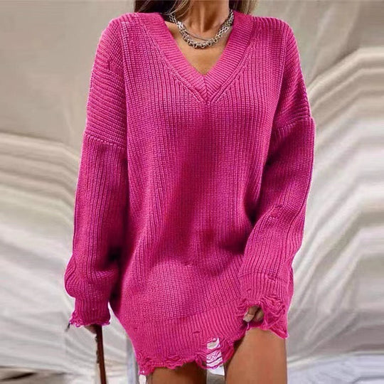 Damen Grobstrick Pullover mit V-Ausschnitt und lässigem Schnitt Heidi-Mode
