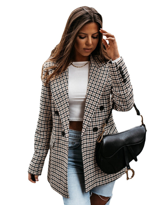 Damen lässiger Oversized-Blazer mit klassischem Hahnentrittmuster Heidi-Mode