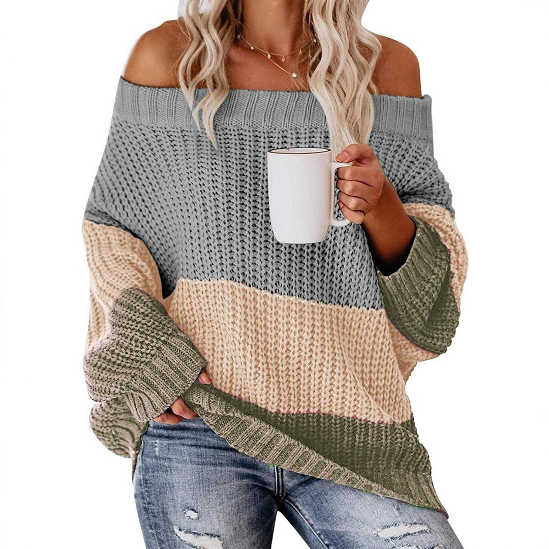 Damen lässiger Strickpullover mit weitem Ausschnitt und Farbblockdesign Heidi-Mode