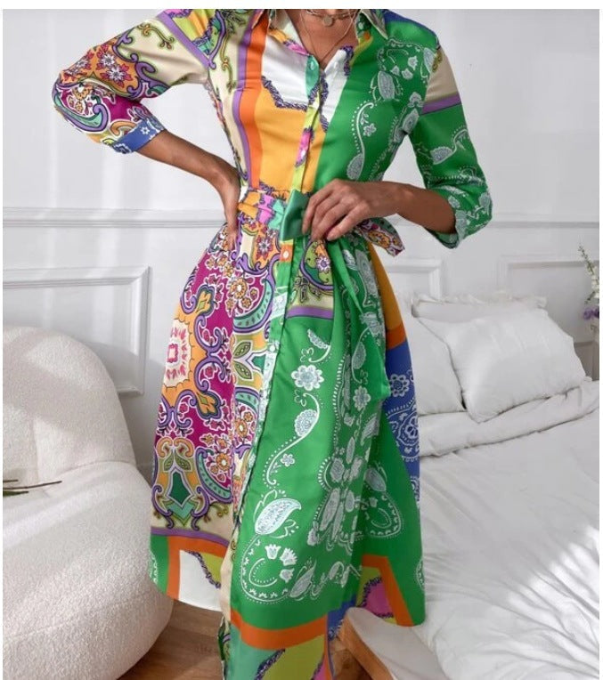 Heidi-Mode | Langarm Gedruckter Gürtel Foulard Midi Kleid