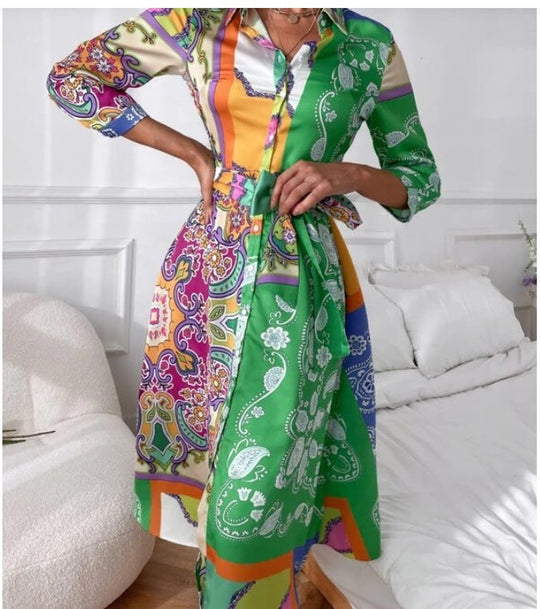 Heidi-Mode | Langarm Gedruckter Gürtel Foulard Midi Kleid