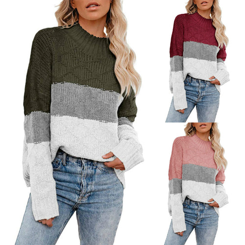 Damen farbenfroher Strickpullover mit strukturiertem Muster und hohem Kragen Heidi-Mode