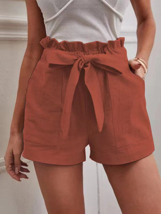 Damen kurze Lockere Leinenhose mit Bindegürtel Heidi-Mode