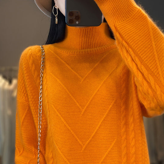 Damen Grobstrickpullover mit innovativem Zopfmuster und hohem Stehkragen Heidi-Mode