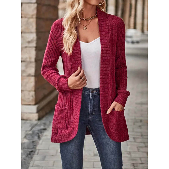 Damen offene Strickjacke mit strukturierter Oberfläche und praktischen Taschen Heidi-Mode