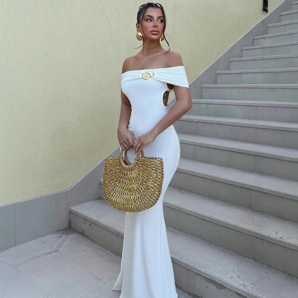 Damen Offshoulder Maxikleid mit raffiniertem Gürtel Heidi-Mode